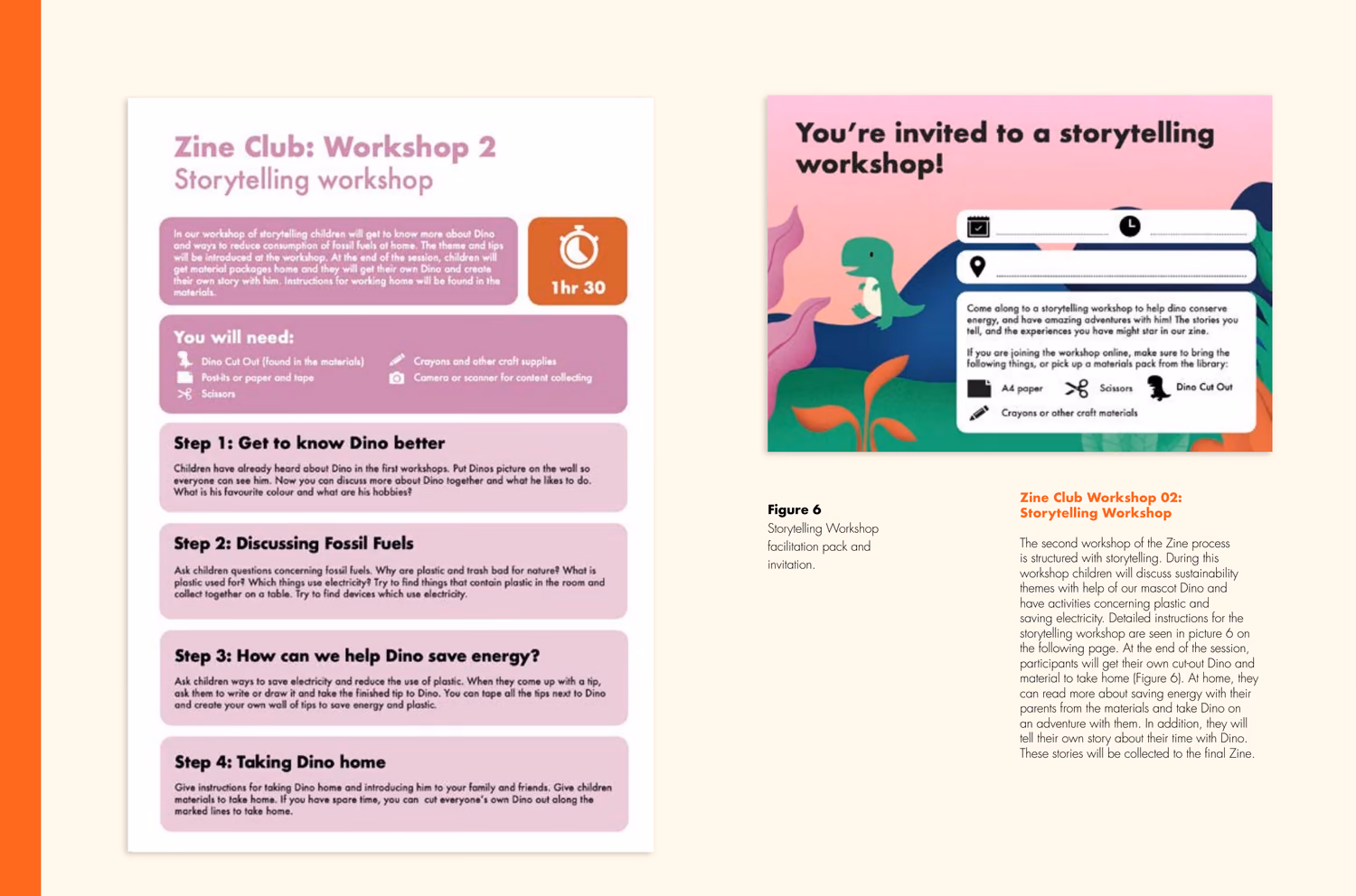 Workshop 2 facilitation pack — a storytelling workshop about fossil fuels built around a mascot called Dino, beside its illustrated invitation