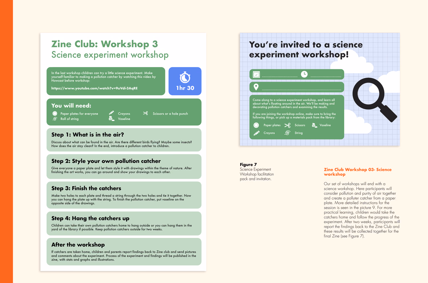 Workshop 3 facilitation pack — a science experiment workshop in which children build and hang their own pollution catchers, beside its invitation