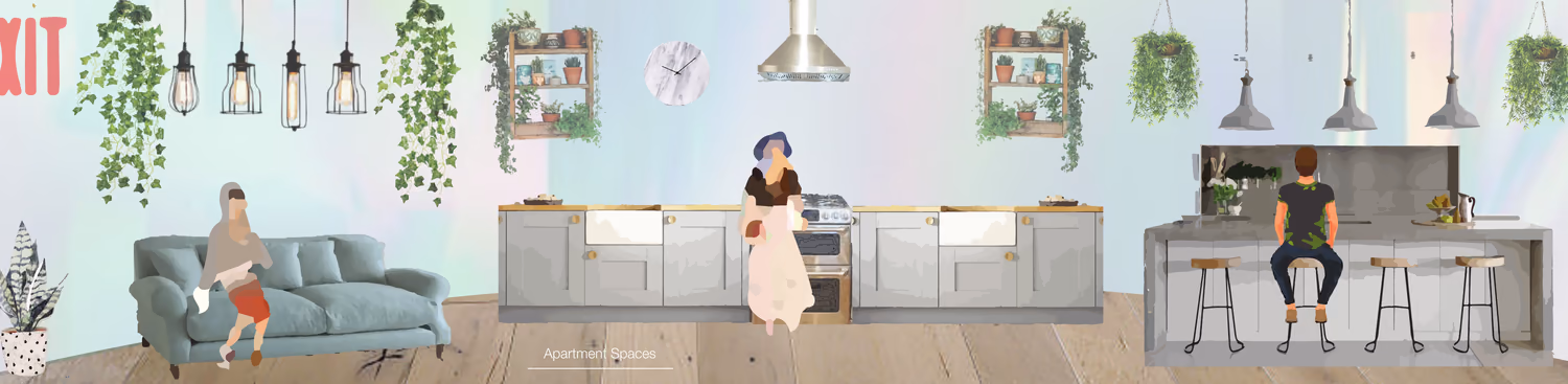 Illustrated interiors of the apartment floors — a resident reading on a sofa, another cooking, a third at the kitchen island, plants hanging throughout