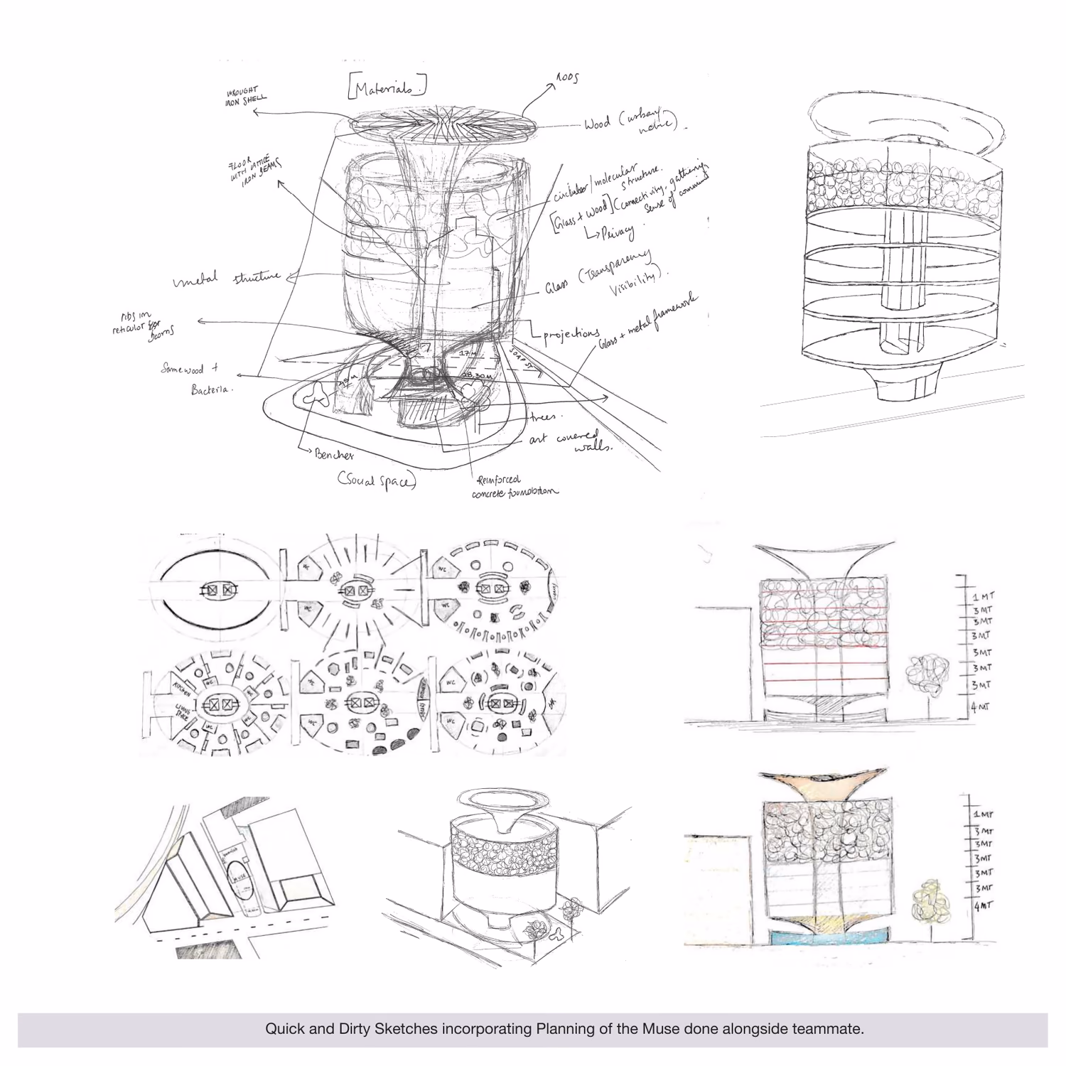 Quick and dirty sketches planning The Muse: the annotated structure, floor plan explorations and early sections