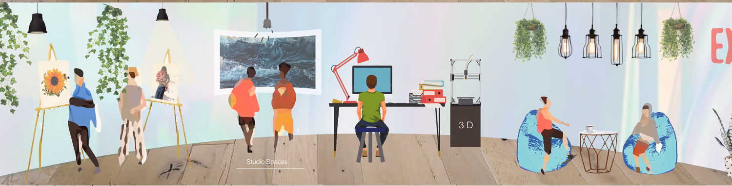 Illustrated interiors of the studio floors — artists painting at easels, a designer at a screen beside a 3D printer, and a soft corner for reading