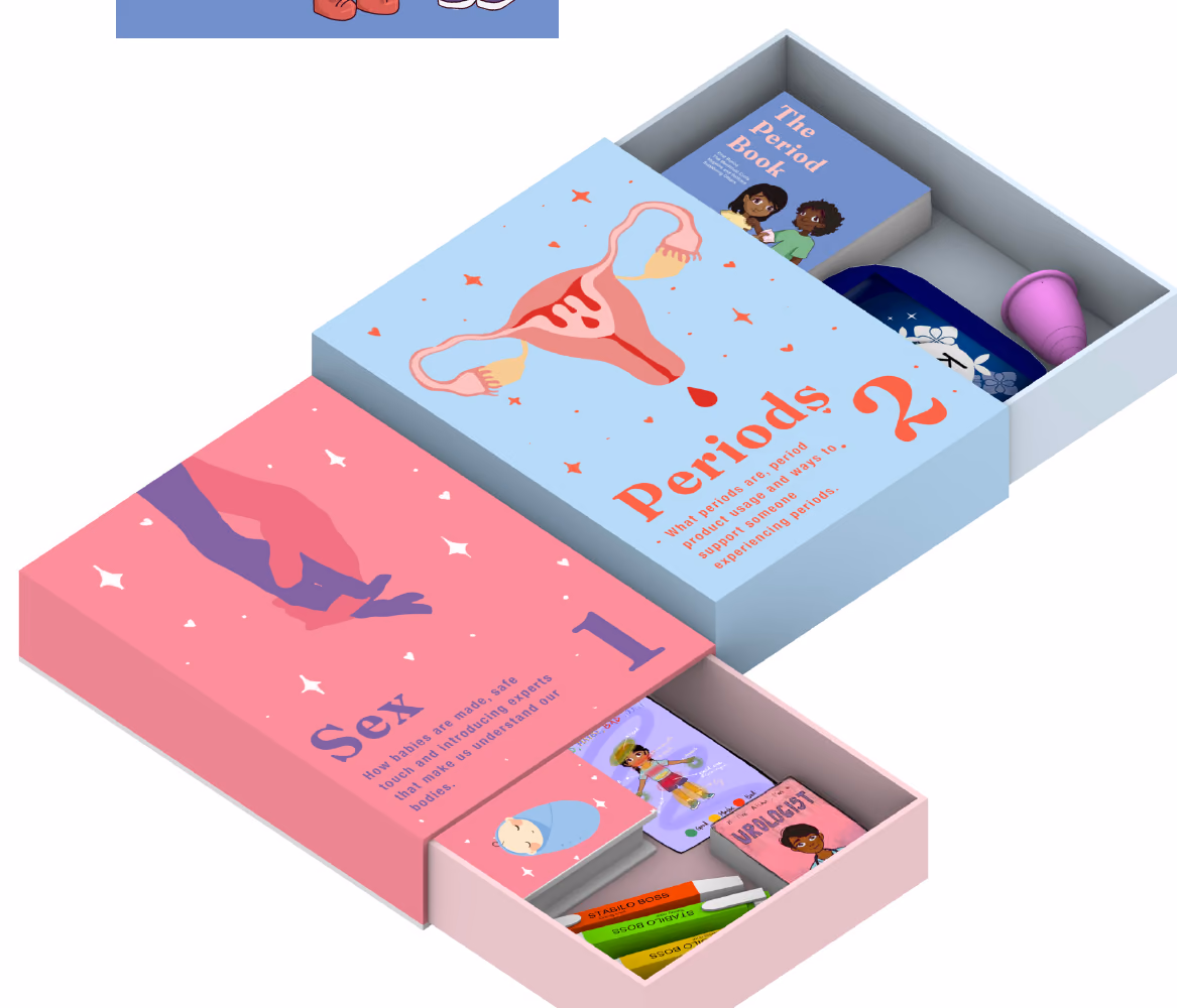 The 'Sex 1' and 'Periods 2' boxes slid open, holding The Period Book, a menstrual cup, pads, activity cards and markers