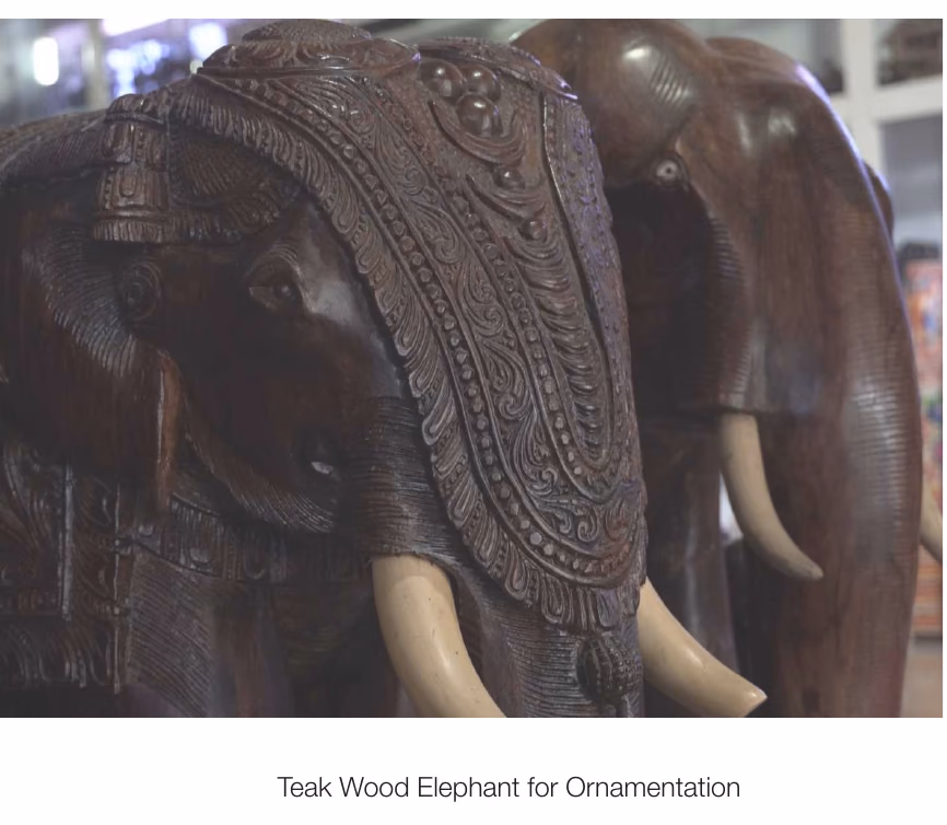 A teak wood elephant carved for ornamentation, photographed on the site visit