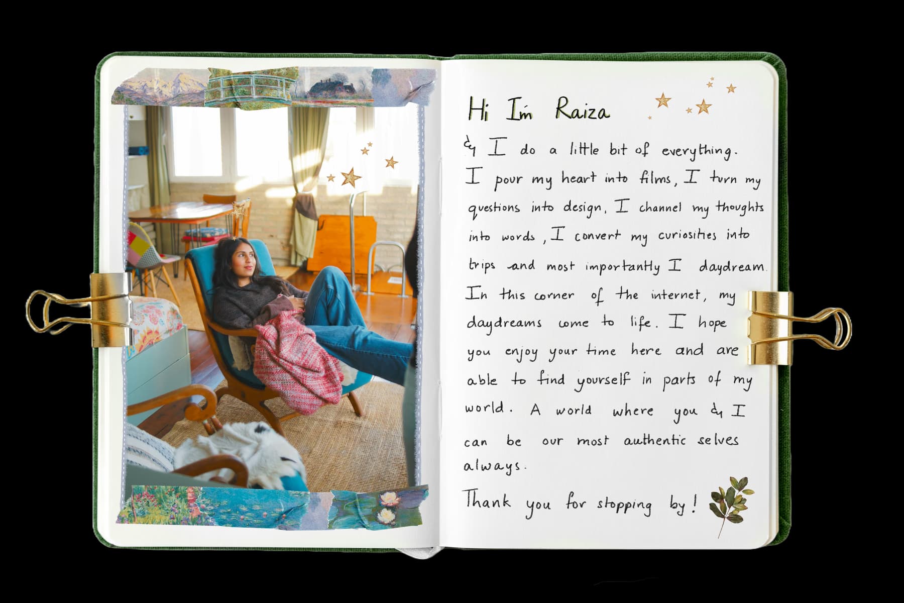 An open notebook. On the left page, a photograph of Raiza sitting in a armchair by a window. On the right page, a handwritten introduction.