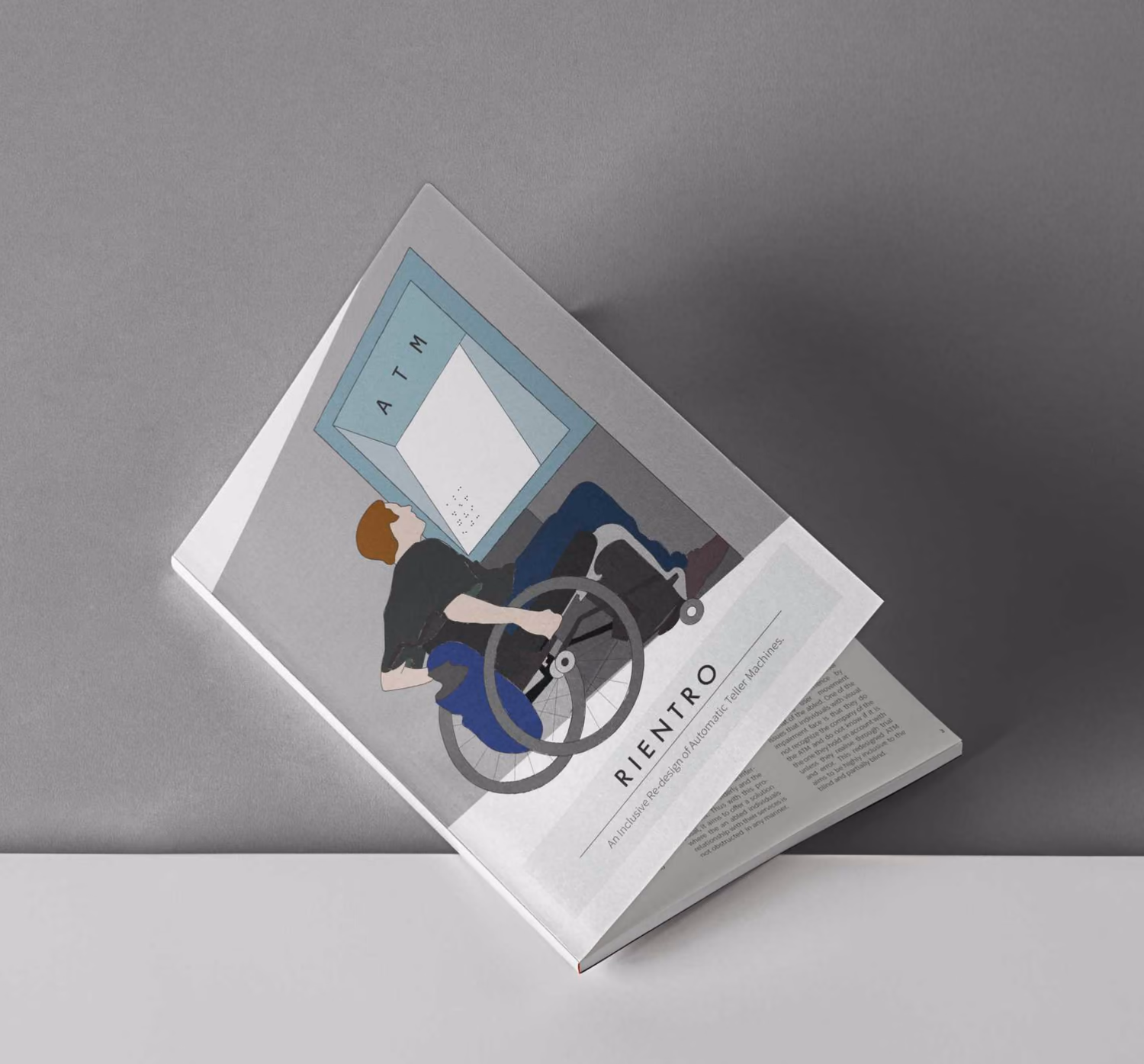 Rientro presented as a printed book, open at the page showing a wheelchair user at a redesigned ATM