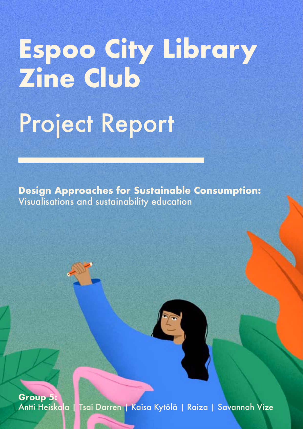 The Espoo City Library Zine Club report cover — a child reaching up among oversized leaves, under the subtitle 'Design approaches for sustainable consumption'