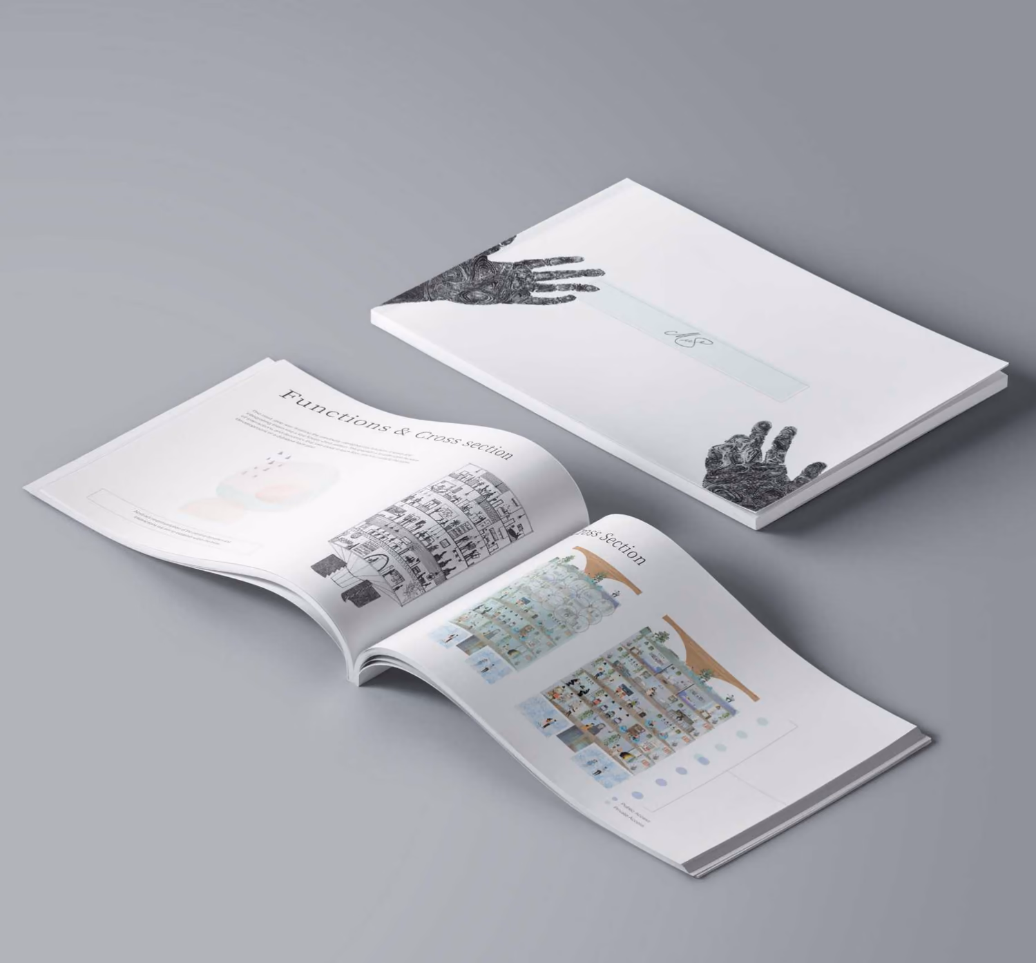The Muse presented as a printed book, lying open on a grey surface at the functions and cross-sections spread