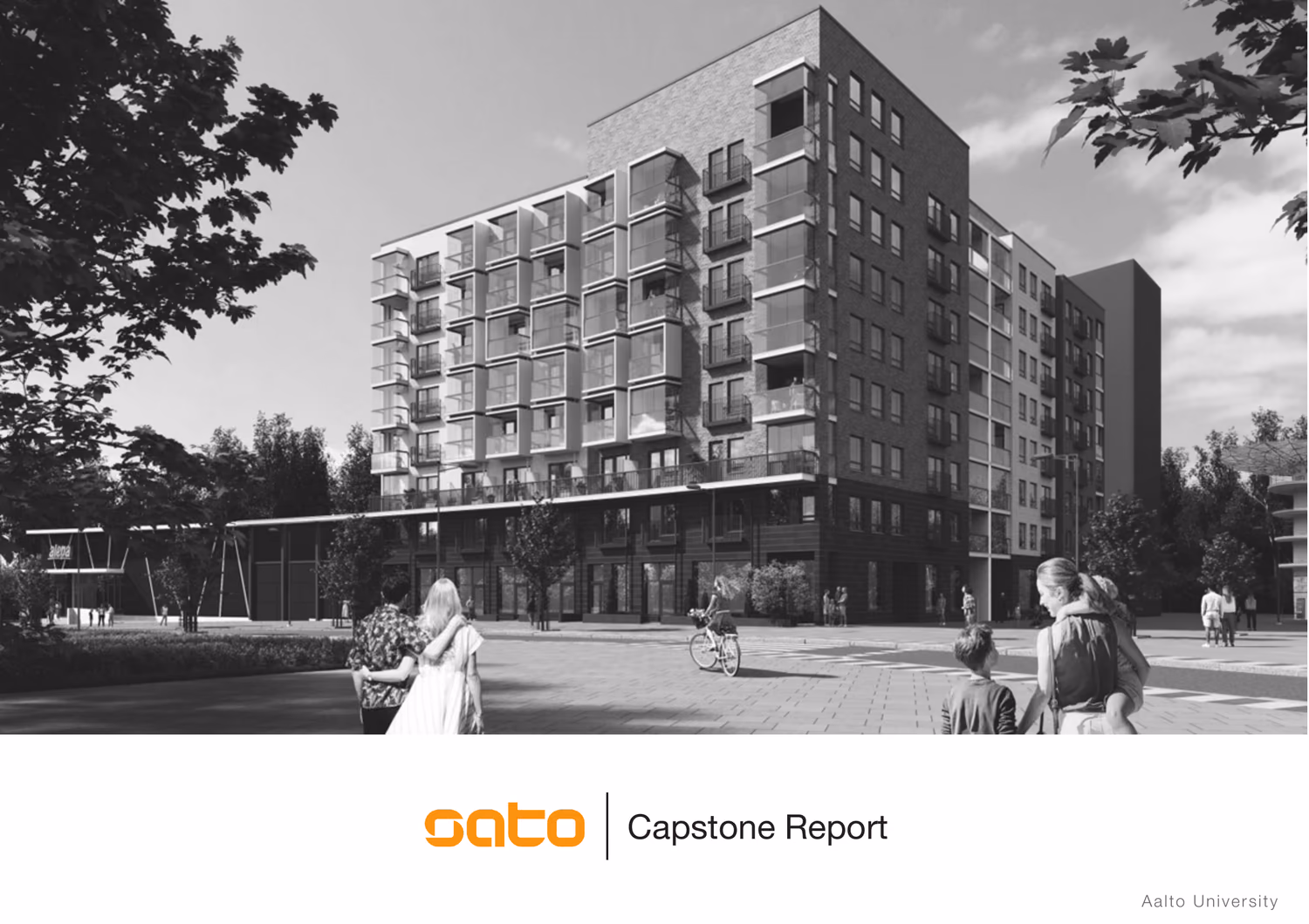 The SATO capstone report cover: a black and white photograph of a SATO housing block with residents crossing the square in front of it