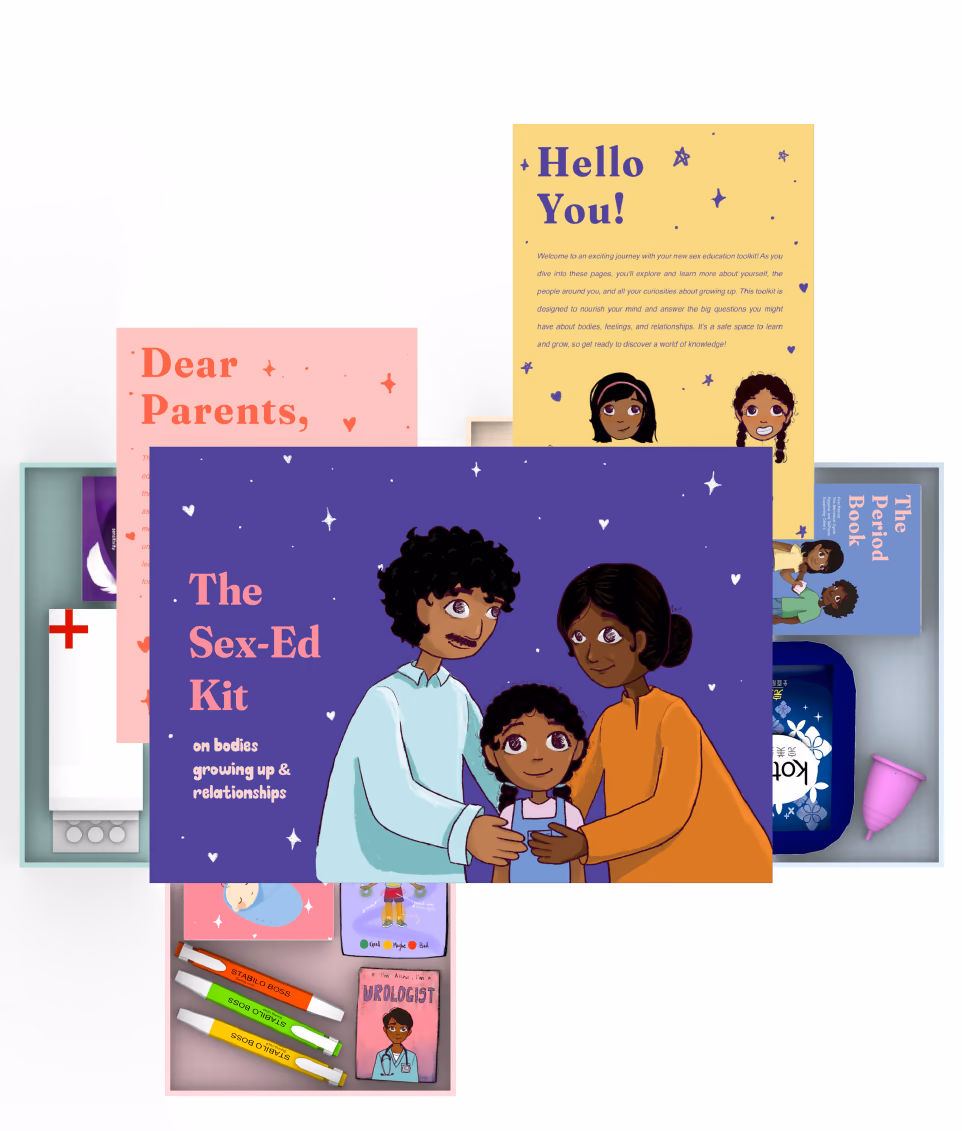 Top view of the Sex-Ed Kit: a boxed toolkit with illustrated cards reading 'The Sex-Ed Kit — on bodies, growing up and relationships', a 'Dear Parents' letter and a 'Hello You!' letter fanned out above it